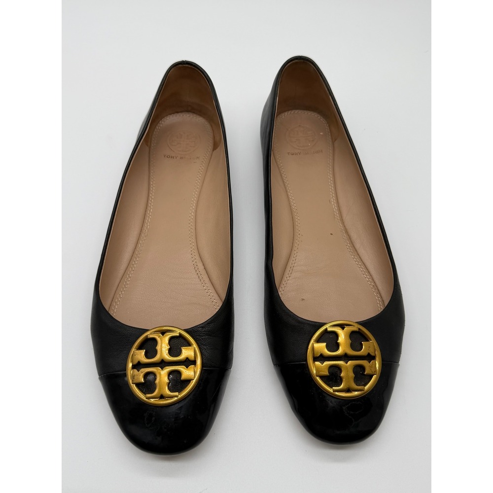 Tory Burch Claire Ballet Flats Womens 8.5M Black Gold Medallion Logo